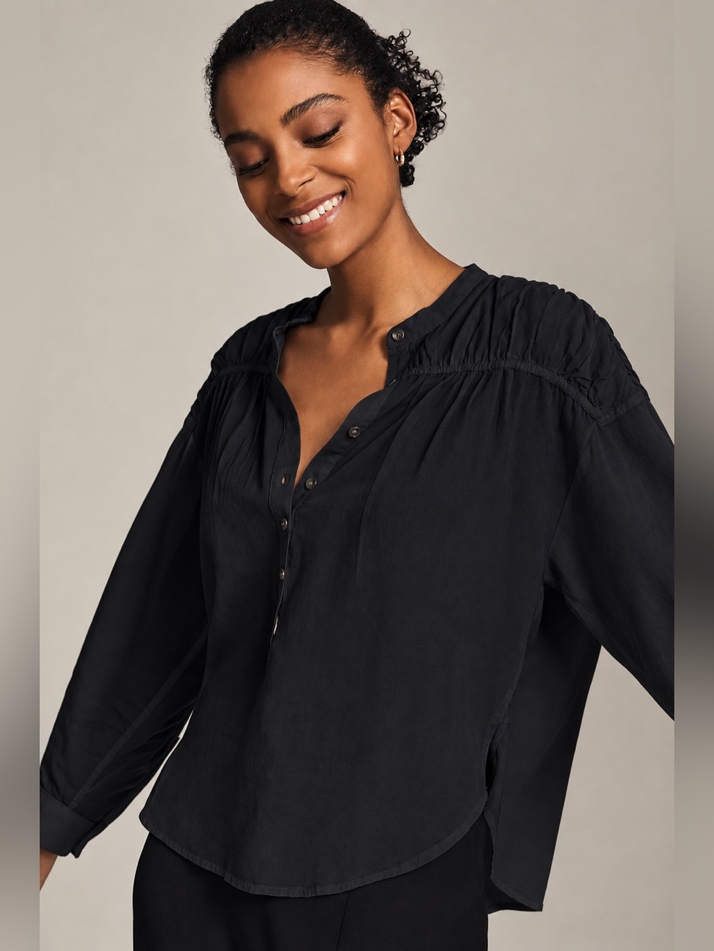 Anthropologie Pilcro Long Sleeve Henley Blouse Relaxed Boho Top Women Size L